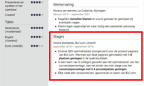 Stage op cv voorbeeld